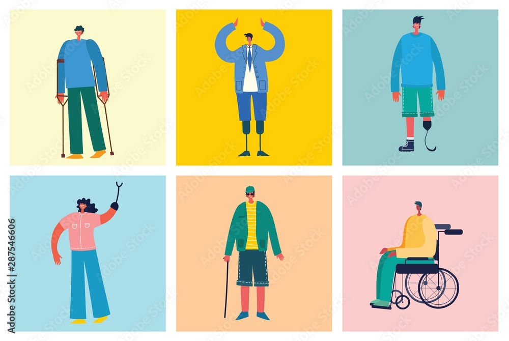 Disabled people, young invalid persons, men and women with physical disorder or impairment. Flat cartoon characters. Disabled people, young invalid persons, men and women with physical disorder or impairment. Flat cartoon characters.