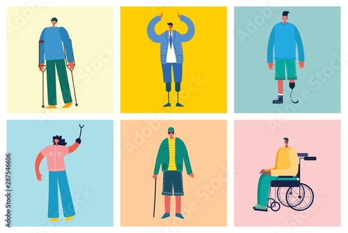 Disabled people, young invalid persons, men and women with physical disorder or impairment. Flat cartoon characters.
