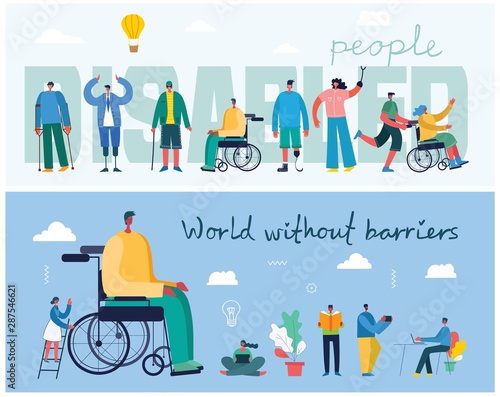 Vector background with disabled people, young invalid persons and men and women helping. World without barriers. Flat cartoon characters.