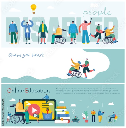 Vector background with disabled people, young invalid persons and men and women helping. World without barriers. Flat cartoon characters.