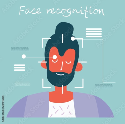 Facial recognition concept. Face ID, face recognition system with intellectual learning system. Flat design graphic elements.