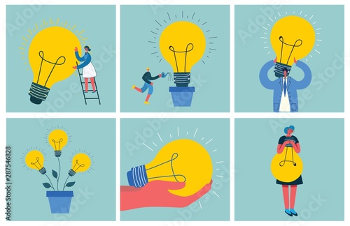 Vector concept illustration business backgrounds of Start Up with light bullbes in the flat style.