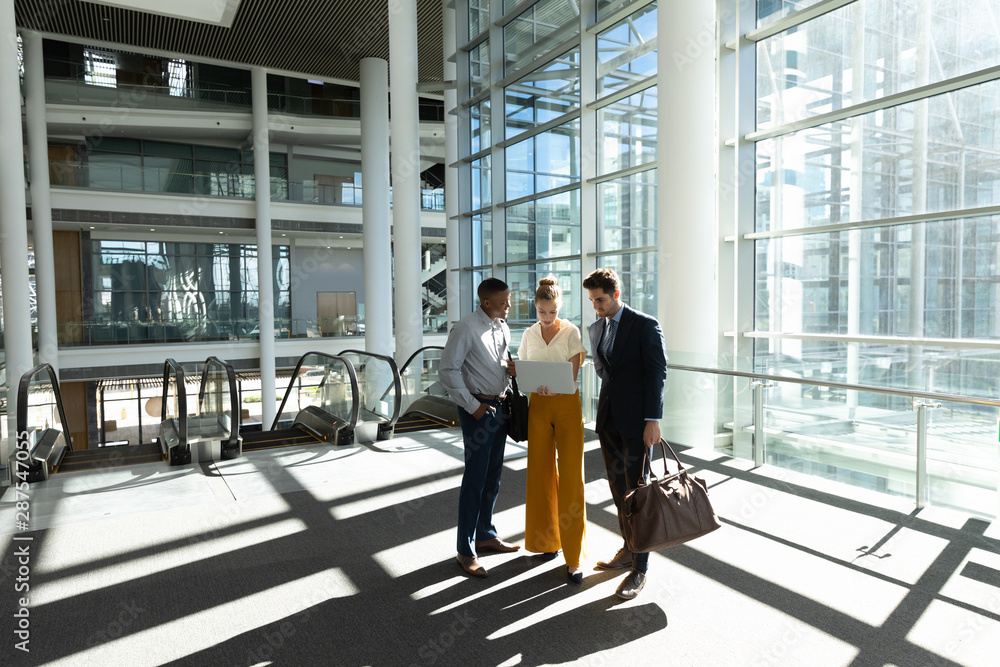 Young business people stand using laptop in modern office lobby Young business people stand using laptop in modern office lobby