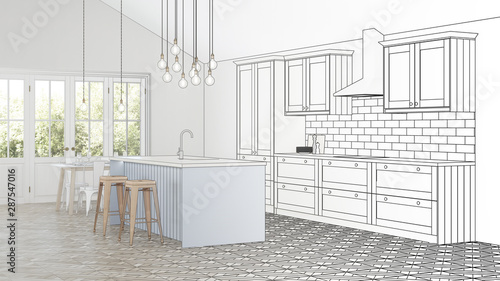 The interior of the kitchen in a private house. . Design project. Sketch. 3D rendering.