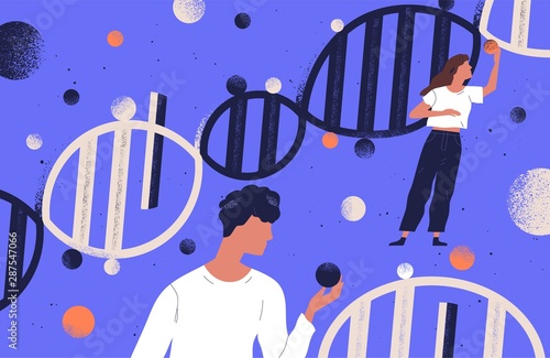 Researchers holding DNA molecules flat vector illustration. Man and women study genetic engineering cartoon characters. Genome mutation. Scientists investigate chromosome structure. Gene manipulation.