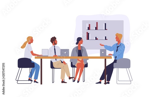 Business people coworking space flat vector illustration. Employees characters in meeting room. Businessmen and businesswomen conference isolated clipart. Colleagues discussing corporate project.