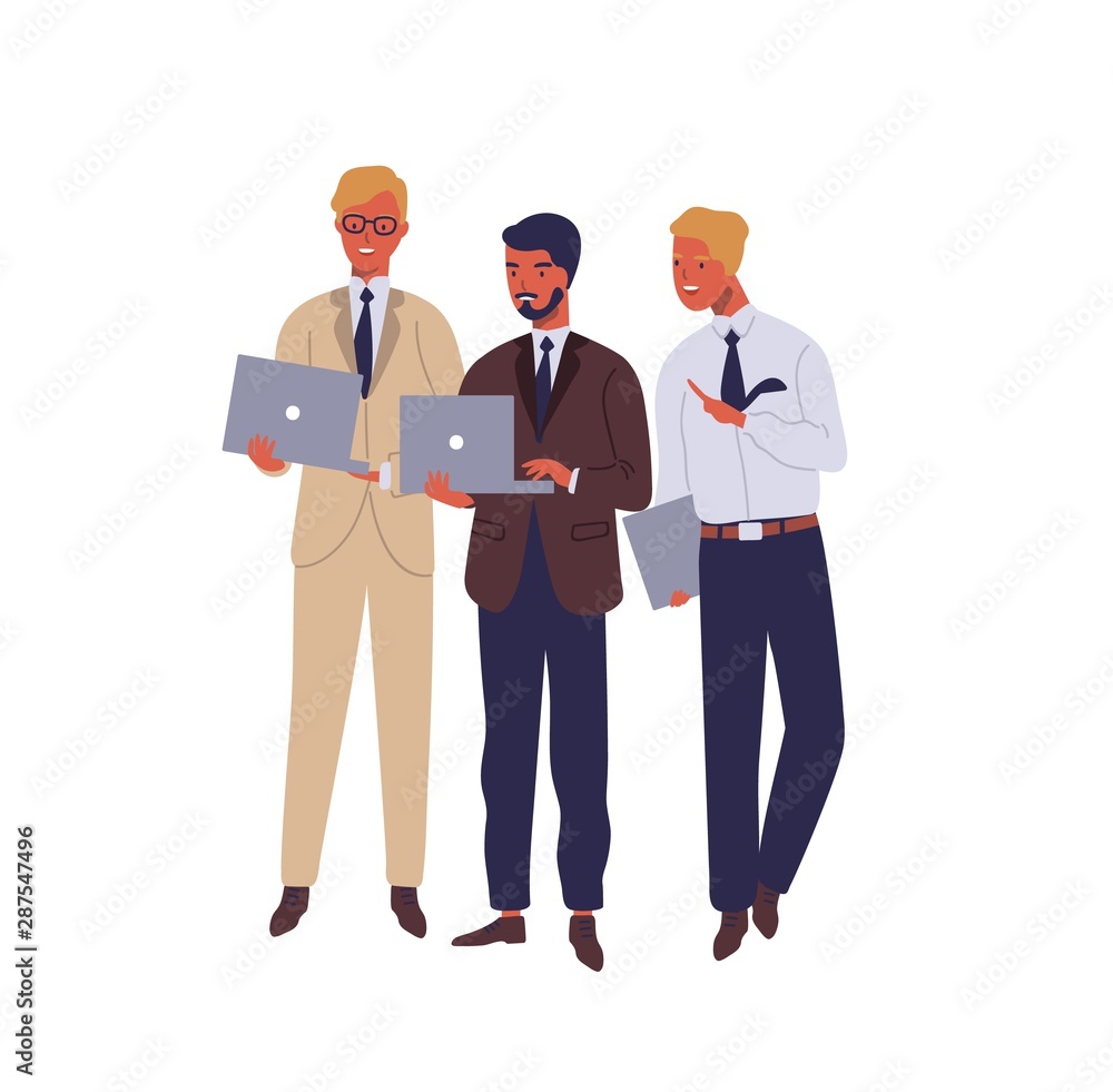 Managers working on laptop and talking flat vector illustration. Cheerful office workers in business suits discussing project cartoon characters on white background. Colleagues solving project issues. Managers working on laptop and talking flat vector illustration. Cheerful office workers in business suits discussing project cartoon characters on white background. Colleagues solving project issues.