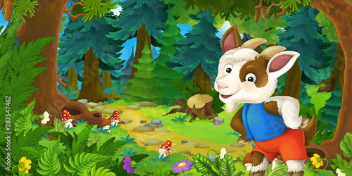 Fototapeta Naklejka Na Ścianę i Meble -  Cartoon fairy tale scene with goat farmer on the meadow in the forest - illustration for children