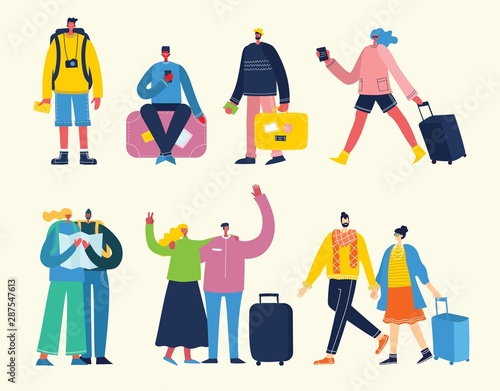 Time to travel. Vector illustration with isolated young man traveler in various activity with luggage and tourist equipment in flat design