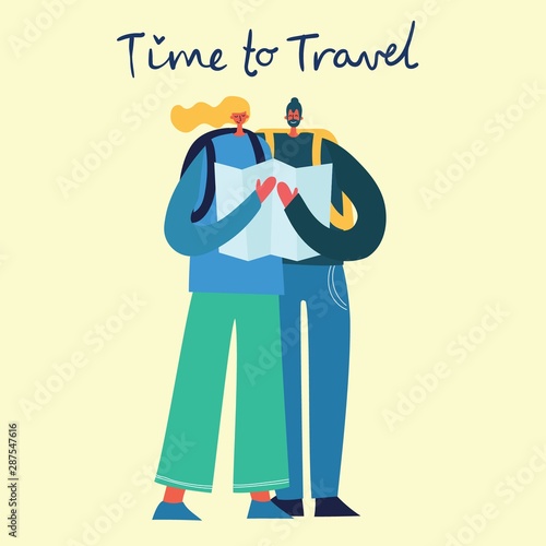 Time to travel. Vector illustration with isolated young people traveler in various activity with luggage and tourist equipment in flat design