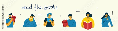 Vector concept illustrations of World Book Day, Reading the books and Book festival in the flat style. People sit, stand and walk and read a book