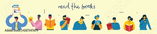 Vector concept illustrations of World Book Day, Reading the books and Book festival in the flat style. People sit, stand and walk and read a book