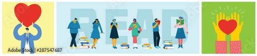 Vector concept illustrations of World Book Day, Reading the books and Book festival in the flat style. People sit, stand and walk and read a book