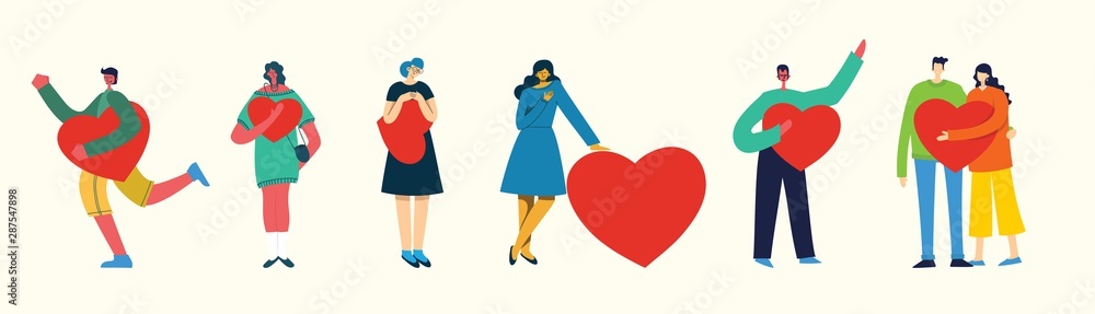 Share your Love. People with hearts as love messages. Vector illustration for Valentine's day in the modern flat style - obrazy, fototapety, plakaty 