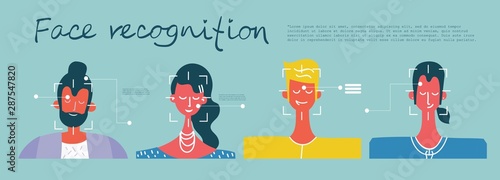Facial recognition concept. Face ID, face recognition system with intellectual learning system. Flat design graphic elements.