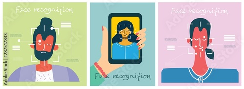 Facial recognition concept. Face ID, face recognition system with intellectual learning system. Flat design graphic elements.