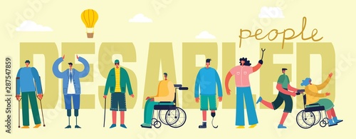 Vector background with disabled people, young invalid persons and men and women helping. World without barriers. Flat cartoon characters.