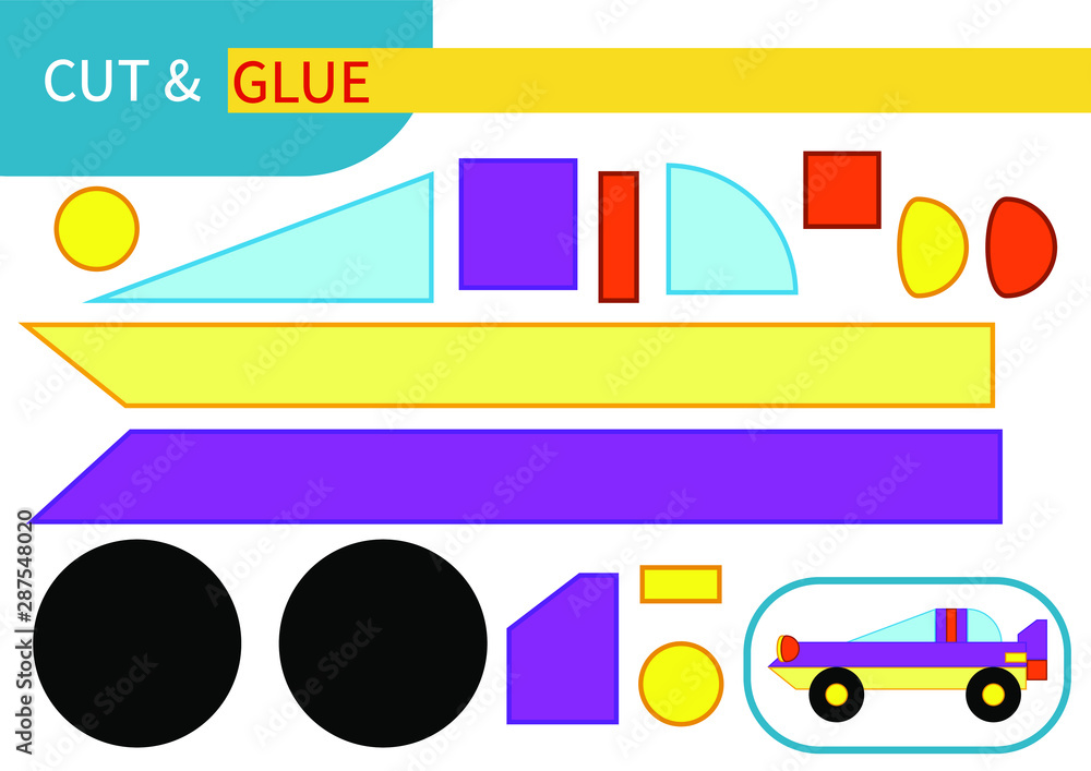 Purple and yellow car racing" mini game "cut and glue" for kids ' learning,  entertainment and education. Series "transport" - easy to print A4 and  ready to use Stock Vector | Adobe Stock