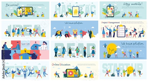 Vector illustrations of the office concept business people in the flat style. E-commerce, online education, project management, online support, start up business concept