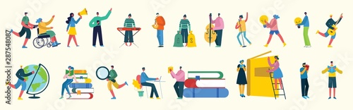Vector illustration in a flat style of different activities people with smarthones, travelling, disabled people,walking, doing business, reading books, playing musical instruments