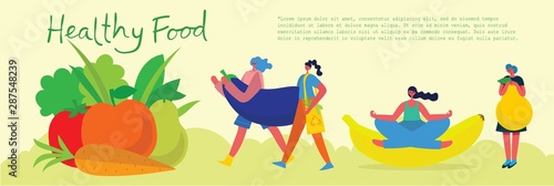 Vector illustration Healthy Food concept for website and mobile website development. People with the different fruits and vegetables.