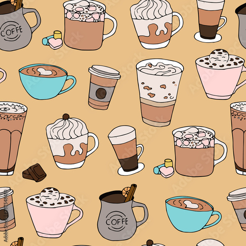 Coffee cups seamless.  Hand drawn cute coffee pattern. Cafe sweet background.