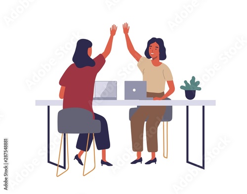 Employees in coworking open office flat vector illustration. Women giving high five at workplace cartoon characters. Corporate workers using laptops. Happy smiling female coworkers isolated clipart.