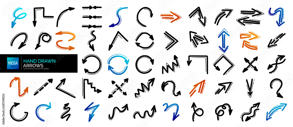 Mega set of hand drawn arrow icons. Arrows doodles design elements Mega set of hand drawn arrow icons. Arrows doodles design elements