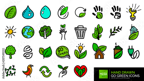 Hand drawn natural go green doodle icons
