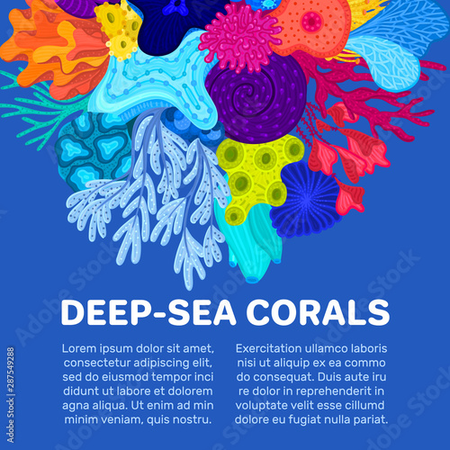 Vector composition of corals. Background with colorful sea or ocean life. Template for cover, invitation, banner, brochure, flyer, label, header. Advertising of water park, aquarium, marine exhibition