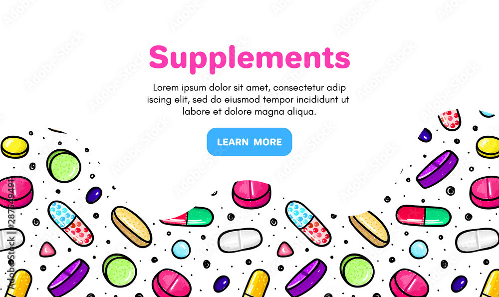 Vector background with pills and capsules. Medicine or dietary supplements. Doodle. Design for clinics, hospitals, pharmacies. Online store. Landing page template, banner, mailing, advertising, label Vector background with pills and capsules. Medicine or dietary supplements. Doodle. Design for clinics, hospitals, pharmacies. Online store. Landing page template, banner, mailing, advertising, label