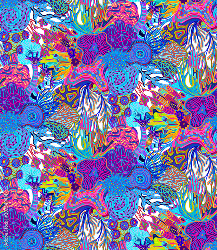Vector seamless pattern with abstract corals. Embroidery. Background with colorful sea or ocean life. Daub. Underwater world. Wrapping paper, package, wallpaper, textile, label, header
