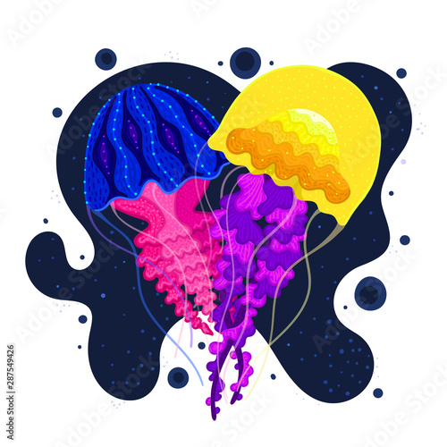 Vector jellyfish in heart shape. Sea medusa. Colorful marine life. Underwater creatures. Design for attributes of water park and aquarium. Print for clothes, cards, covers, posters. Sticker, label