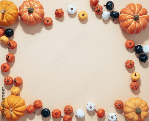 Fototapeta Naklejka Na Ścianę i Meble -  Orange pumpkin top view for halloween and thanksgiving background concept.