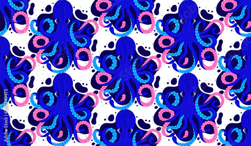 Vector seamless pattern with octopus. Cute cartoon character. Colorful marine life. Underwater creatures. Design for attributes of water park, aquarium. Wrapping paper, package, wallpaper, textile