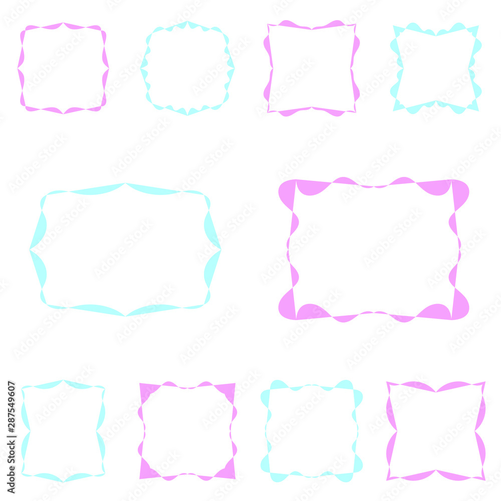 Set of color symmetrical square and rectangular frames isolated on white background