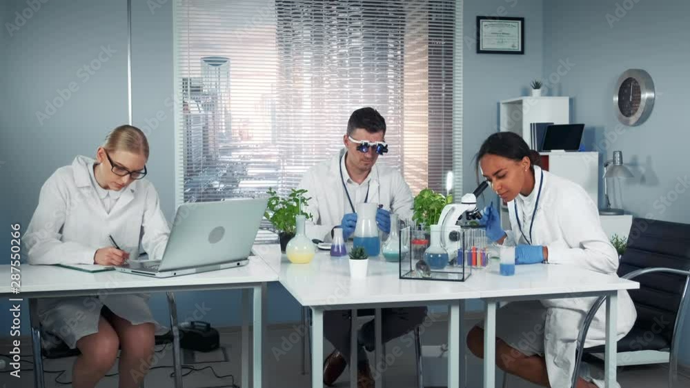 Mixed race team of research scientists working in modern bright chemistry lab well equipped with modern instruments Mixed race team of research scientists working in modern bright chemistry lab well equipped with modern instruments