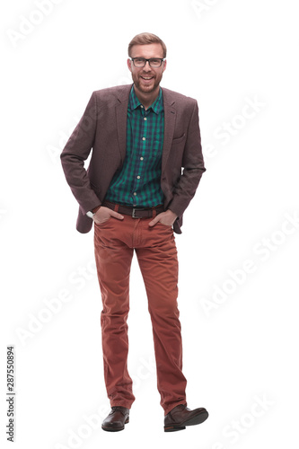 in full growth. serious hipster man with glasses. isolated on white