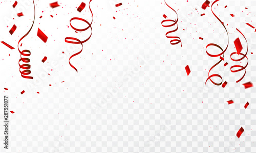 background with red confetti Celebration carnival ribbons. luxury greeting rich card.