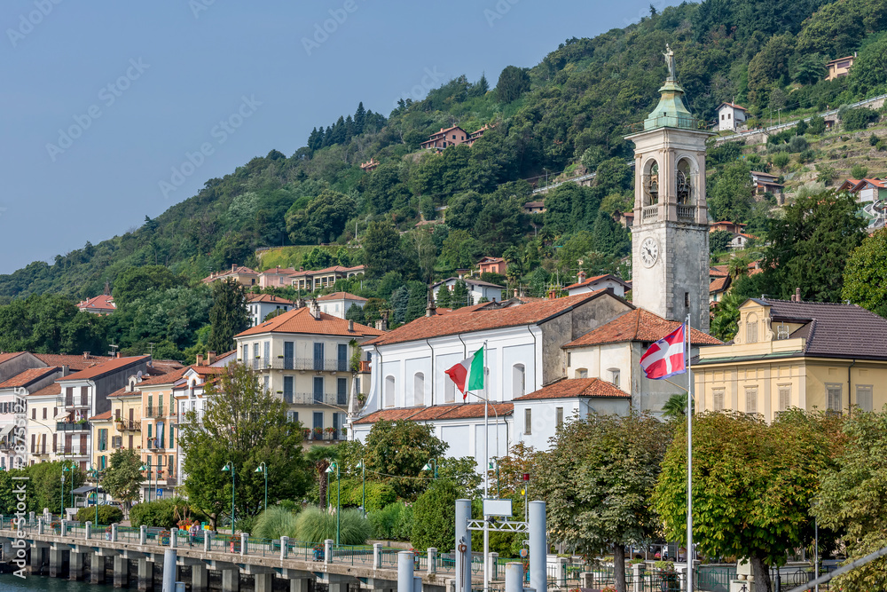 Beautiful view of Belgirate on Lake Maggiore, Italy, with the parish church in the foreground
