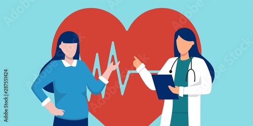 Doctor cardiologist talking with patient. medical exam, checkup or consultation concept, world heart day banner. Healthcare services, Ask a doctor. Therapist in uniform with stethoscope.