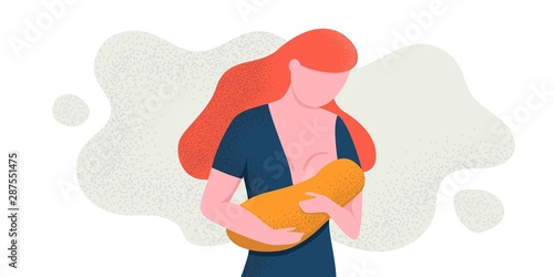 Young woman breastfeeding her newborn baby holding and nursing him in hands. Lactation concept. Breast feeding week banner, happy mother day clip art. Child drinks milk from the female breast