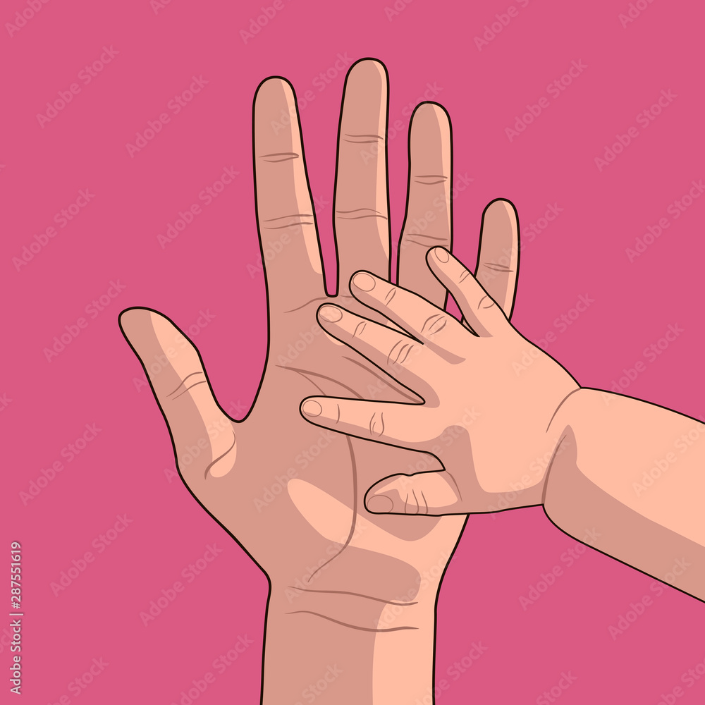 The hand of a child and the hand of an adult. The baby put his hand on his mother's palm. Children's arm and the arm of the parent. Hands on a pink background.