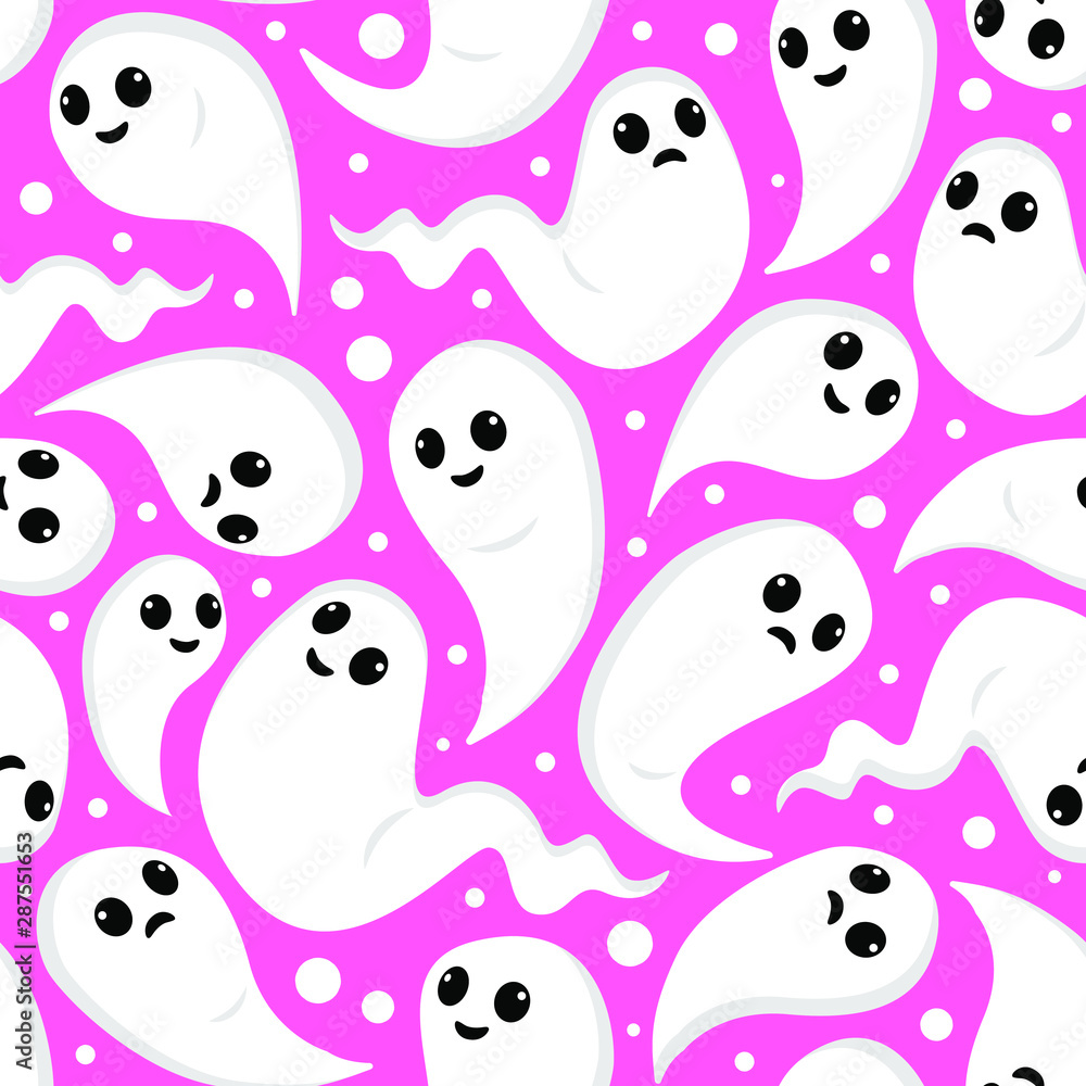 Seamless halloween pattern with cute ghosts on pink background for greeting card, gift box, fabric, web design.