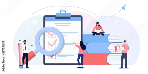Business people fill out a form, for web banners, infographics, websites. done job, checklist, long paper document and to do list with checkboxes. Online education, books, exam, library, students