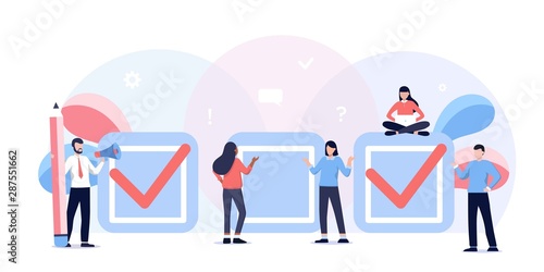 done job, checklist. to do list with checkboxes, for web page, banner, Online education, books, exam. Business people team work concept. Questionnaire survey for people to give answer, research
