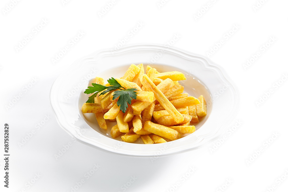 Macro Shot of Fries or French Fries on White Restaurant Plate Isolated Macro Shot of Fries or French Fries on White Restaurant Plate Isolated