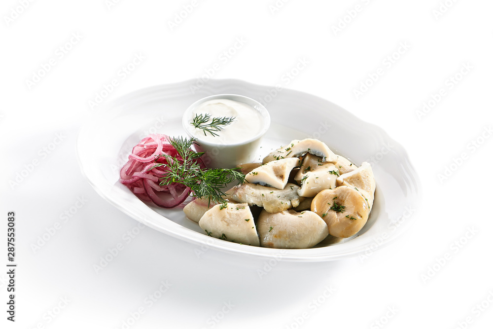 Pickled Milk Mushrooms, Marinated Red Onion Rings and Sour Cream Pickled Milk Mushrooms, Marinated Red Onion Rings and Sour Cream
