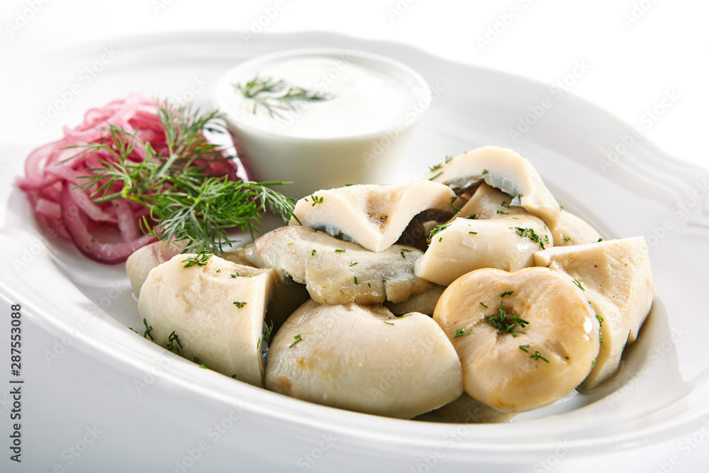 Pickled Milk Mushrooms, Marinated Red Onion Rings and Sour Cream Pickled Milk Mushrooms, Marinated Red Onion Rings and Sour Cream