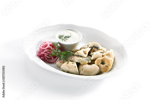 Pickled Milk Mushrooms, Marinated Red Onion Rings and Sour Cream